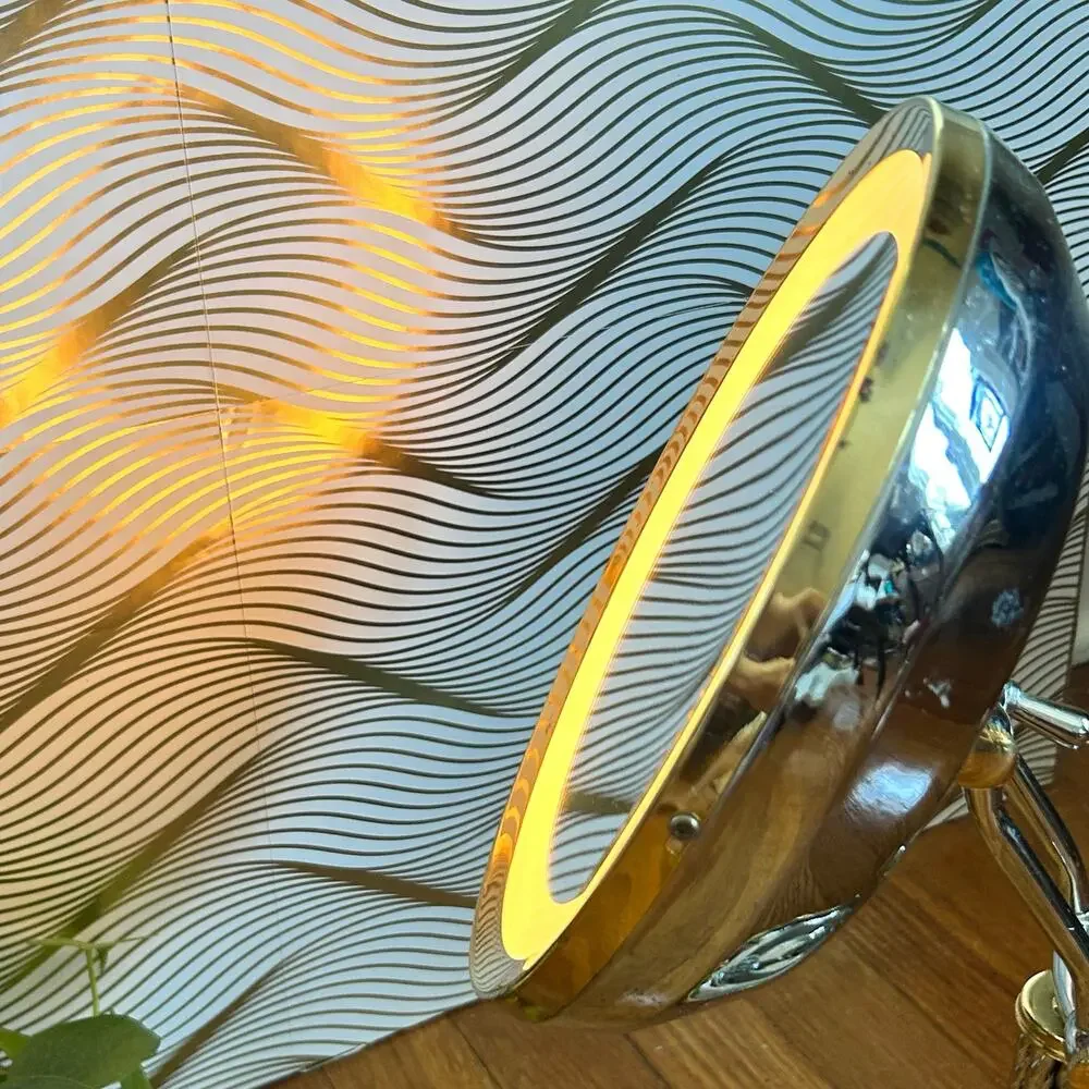 Vintage Cane & Reed Round Lighted Adjustable Make-Up Mirror with Twisted Stem